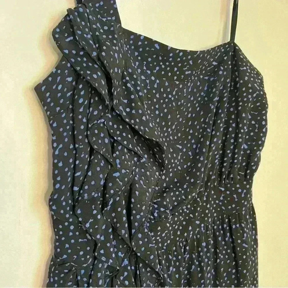BCBGeneration Dress Size 4, One Shoulder Blue Black Polka Dot Ruffle EUC - Picture 1 of 5